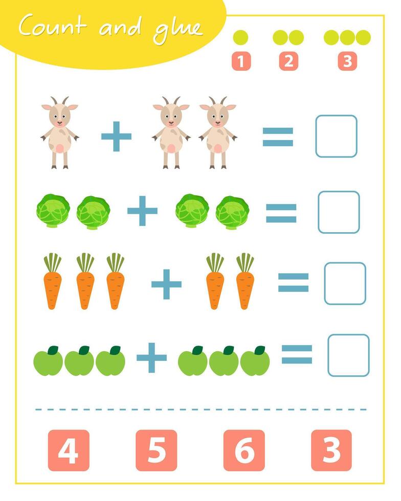 Count and glue game with goat. Education for children. Composition of numbers 1-6. vector