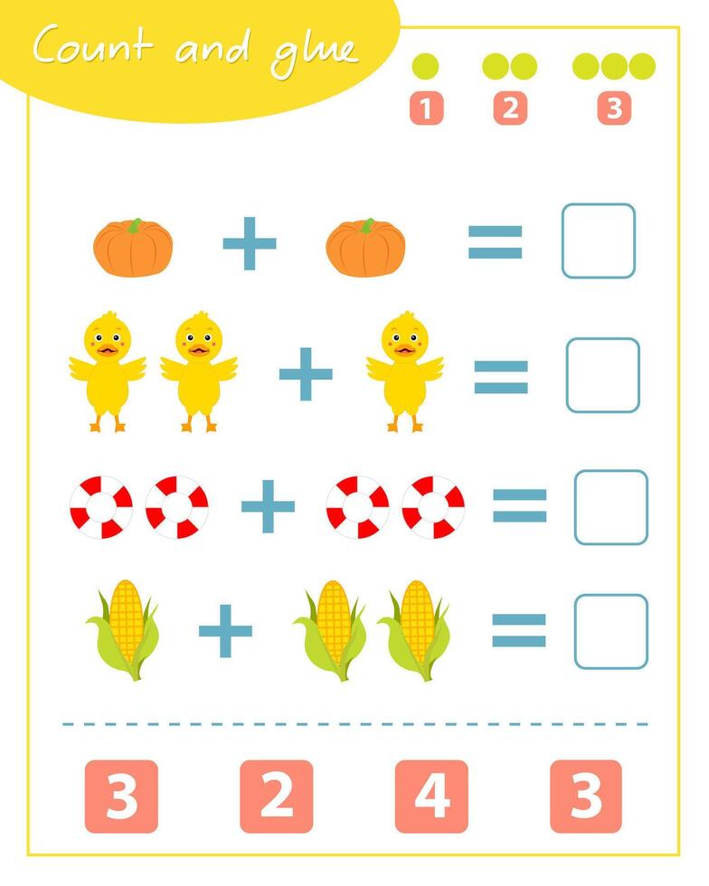 Count and glue game with duckling. Education for children. Composition of numbers 1-6. vector