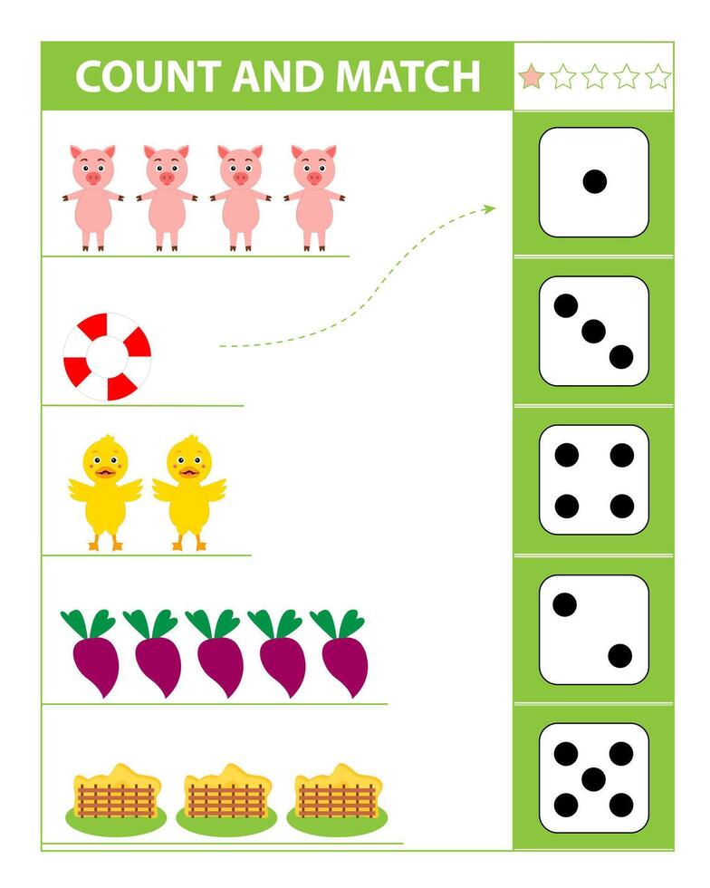 Count and match objects with pig. Numbers 1-5. vector