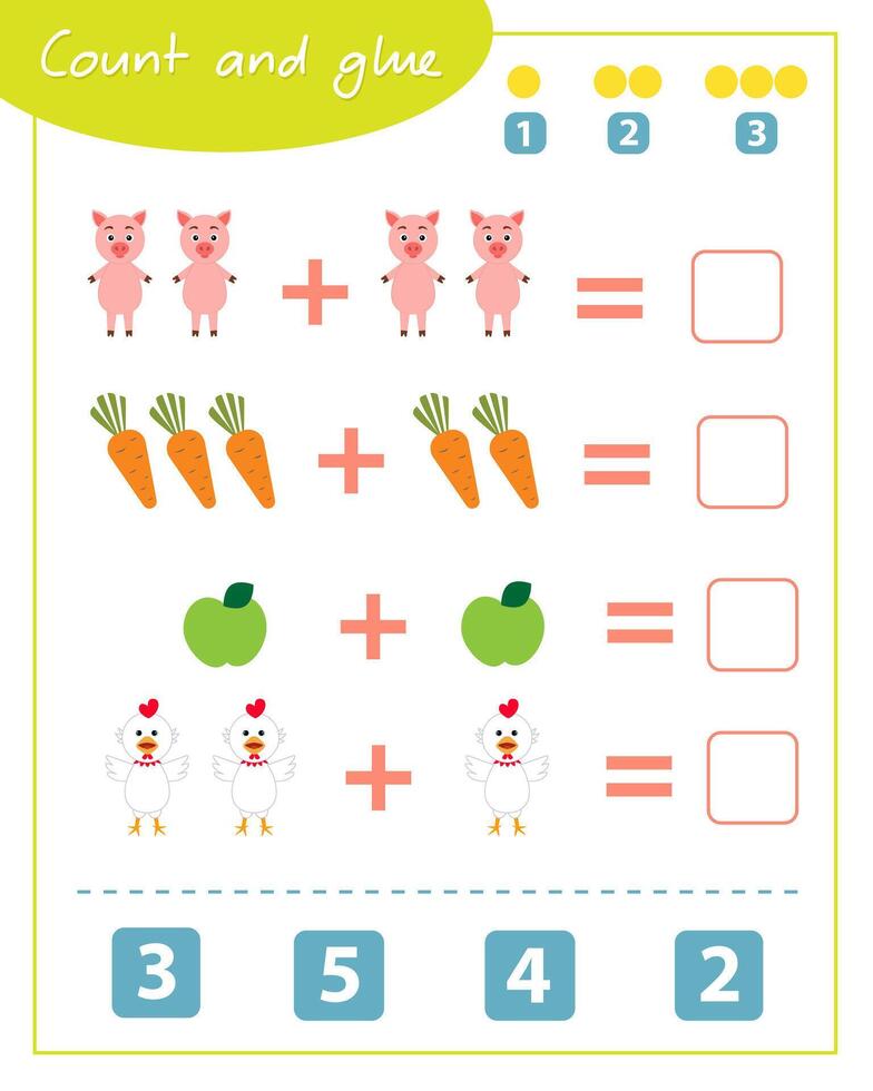 Count and glue game with pig. Education for children. Composition of numbers 1-6. vector