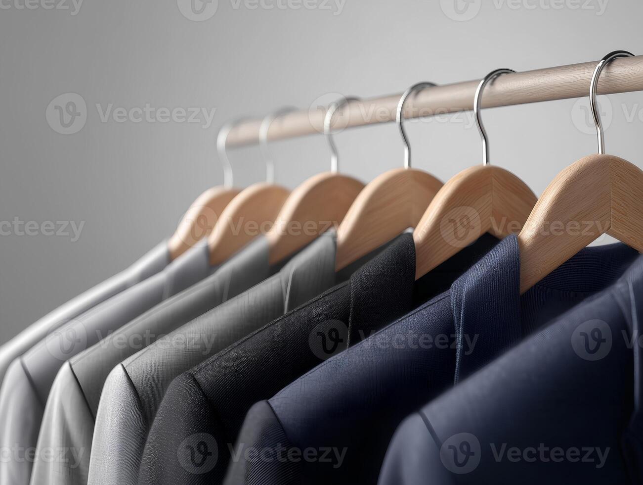 A row of elegant men's suit jackets in gradient shades from light gray to dark navy, hanging on wooden hangers. Minimalist studio setup, soft lighting, photo