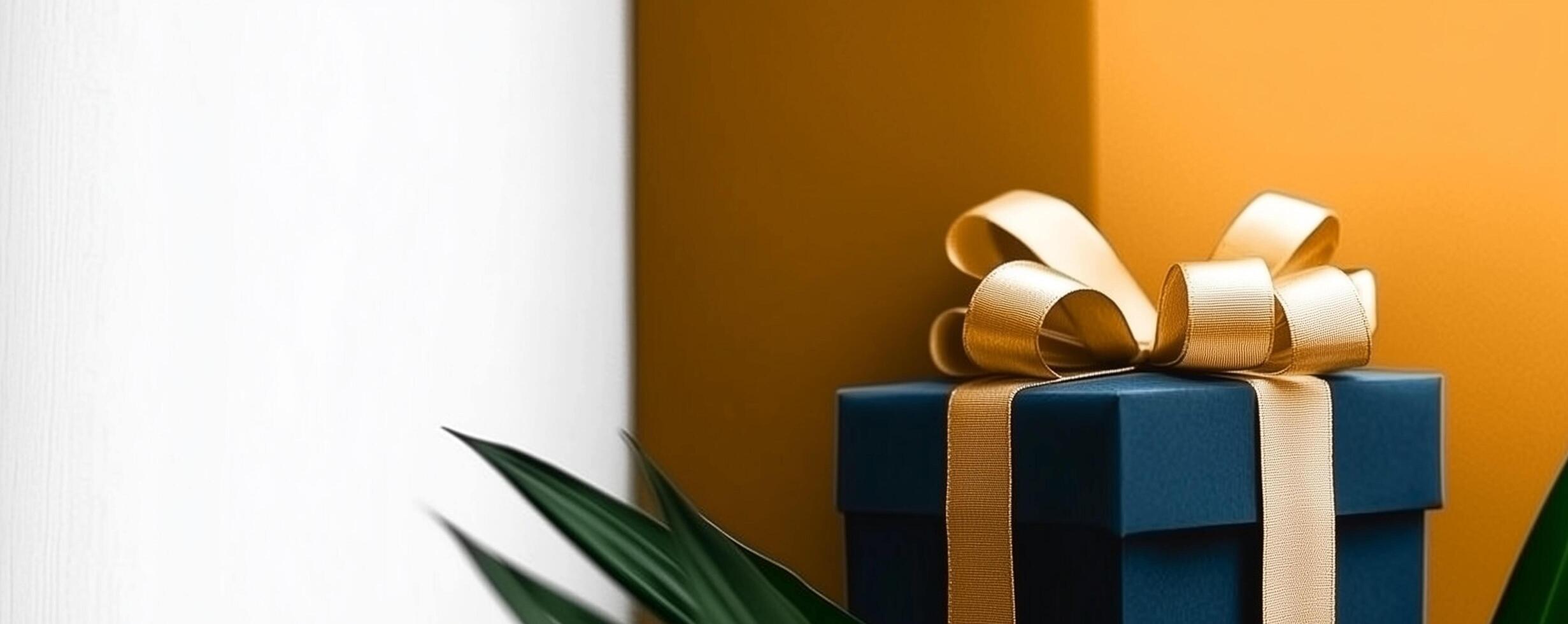 Elegant Dark Blue Gift Box with Golden Ribbon, Banner with Space for Text photo
