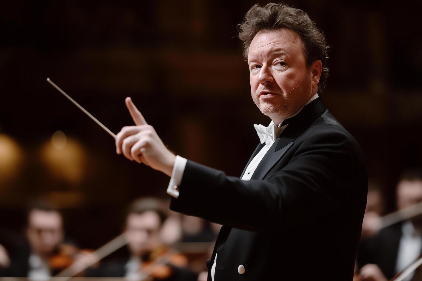 A conductor in a tuxedo pointing at an orchestra photo