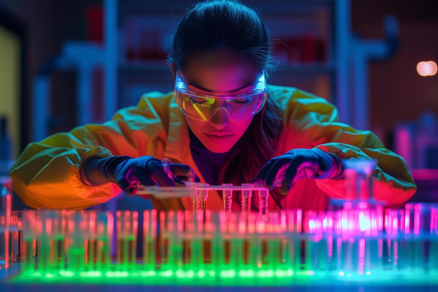 A woman in a lab coat is working on a test tube photo