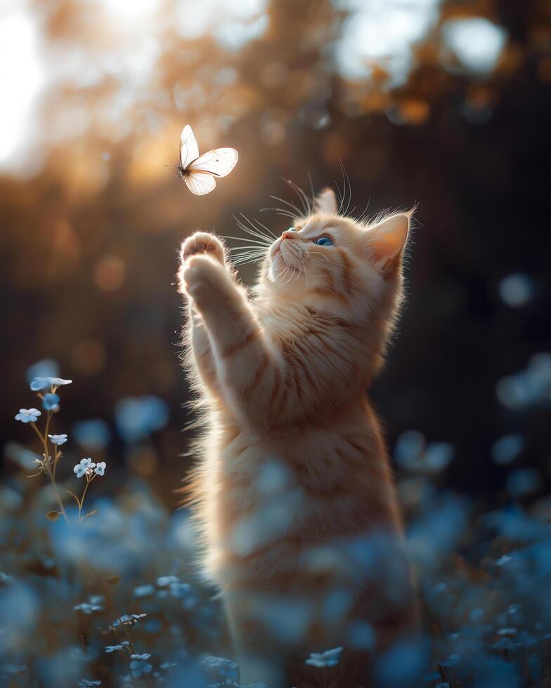Ginger kitten playing with a butterfly in a field of flowers photo