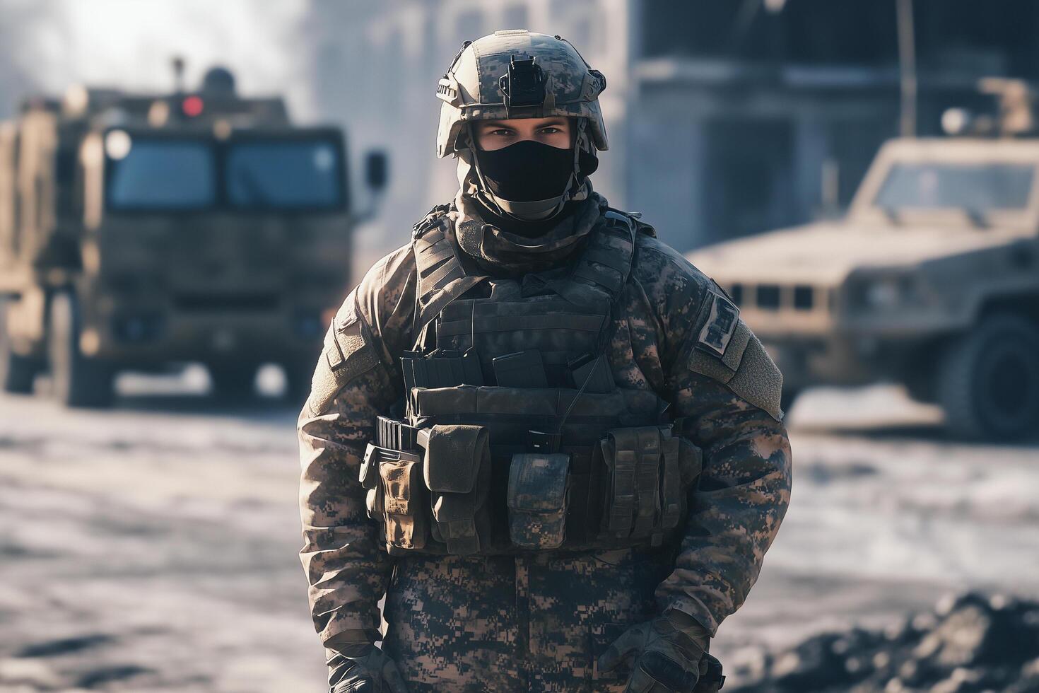 A soldier in camouflage standing in front of a military vehicle photo