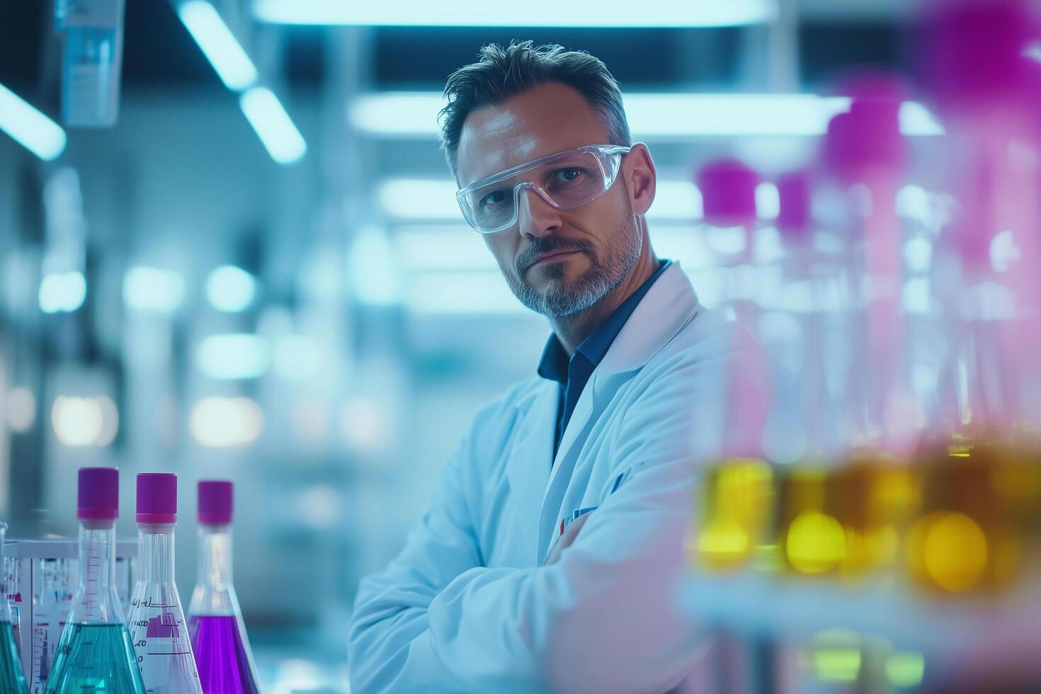 A man in a lab coat standing in front of some colorful liquid photo