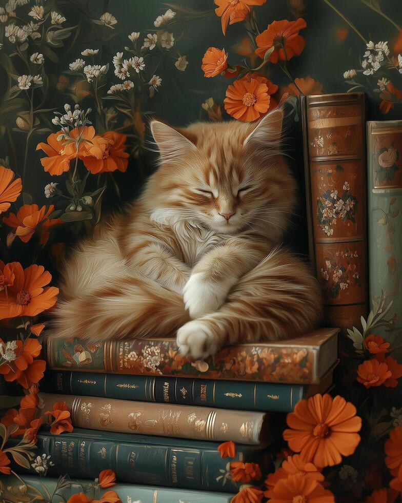 A cat is sleeping on top of books with flowers photo