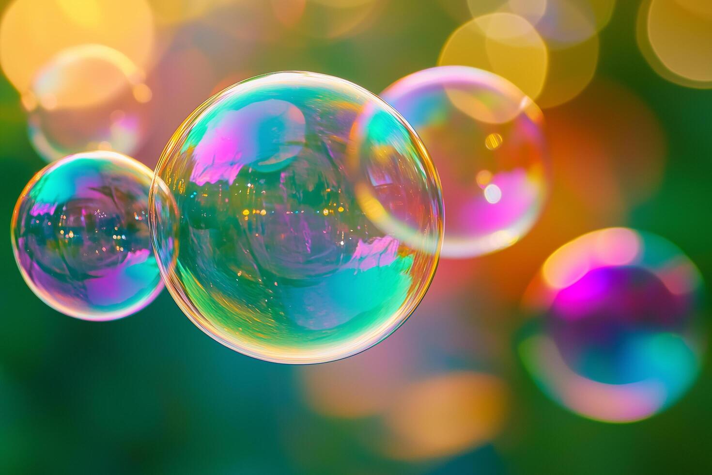 Close-up of iridescent soap bubbles floating in the air with bokeh photo