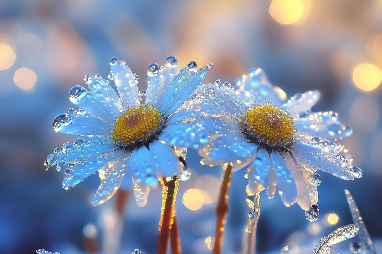 Two chamomiles with dew drops on them are in the middle of the field photo