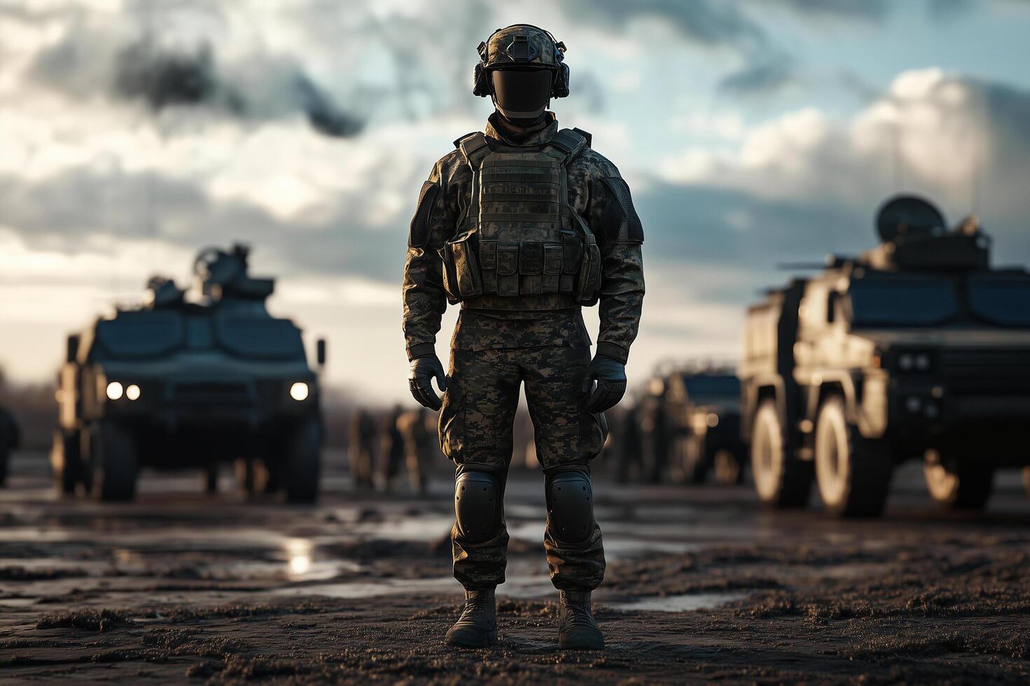 A soldier stands in front of a group of military vehicles photo
