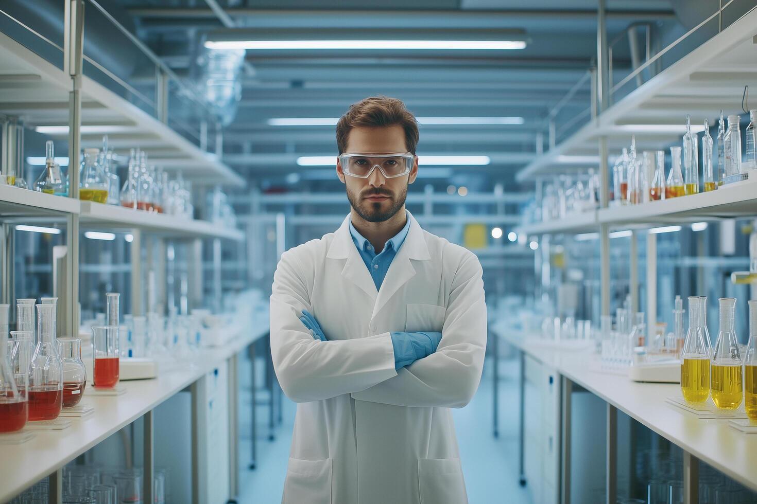 A man in a lab coat standing in front of a row of test tubes photo
