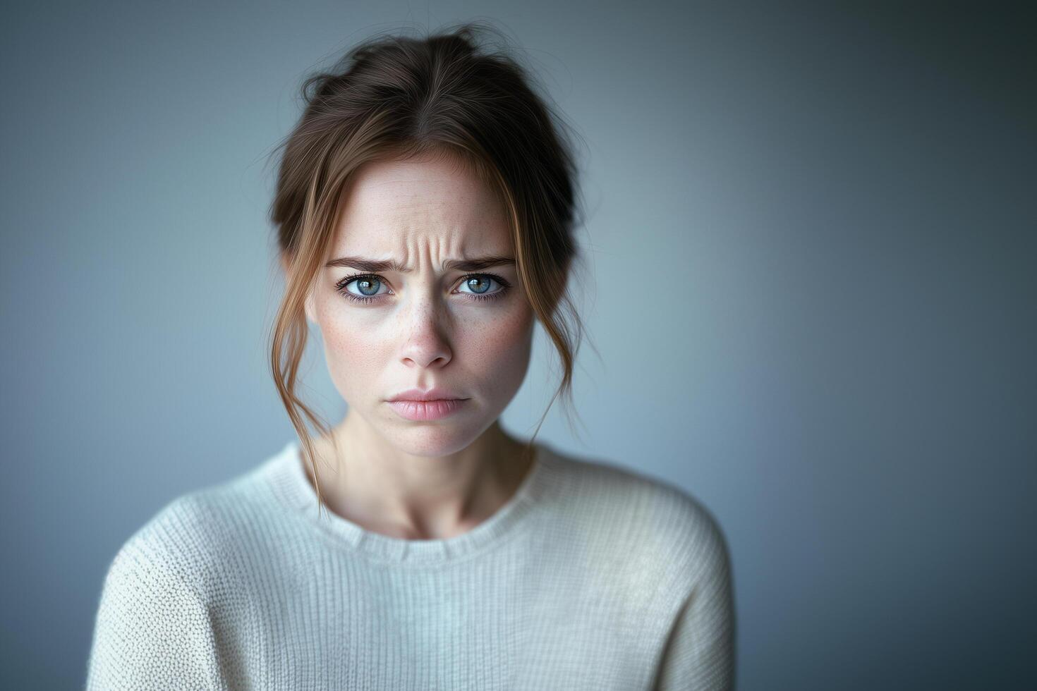 Woman with a sorrowful expression, eyes downcast or teary, subtle body language showing sadness photo