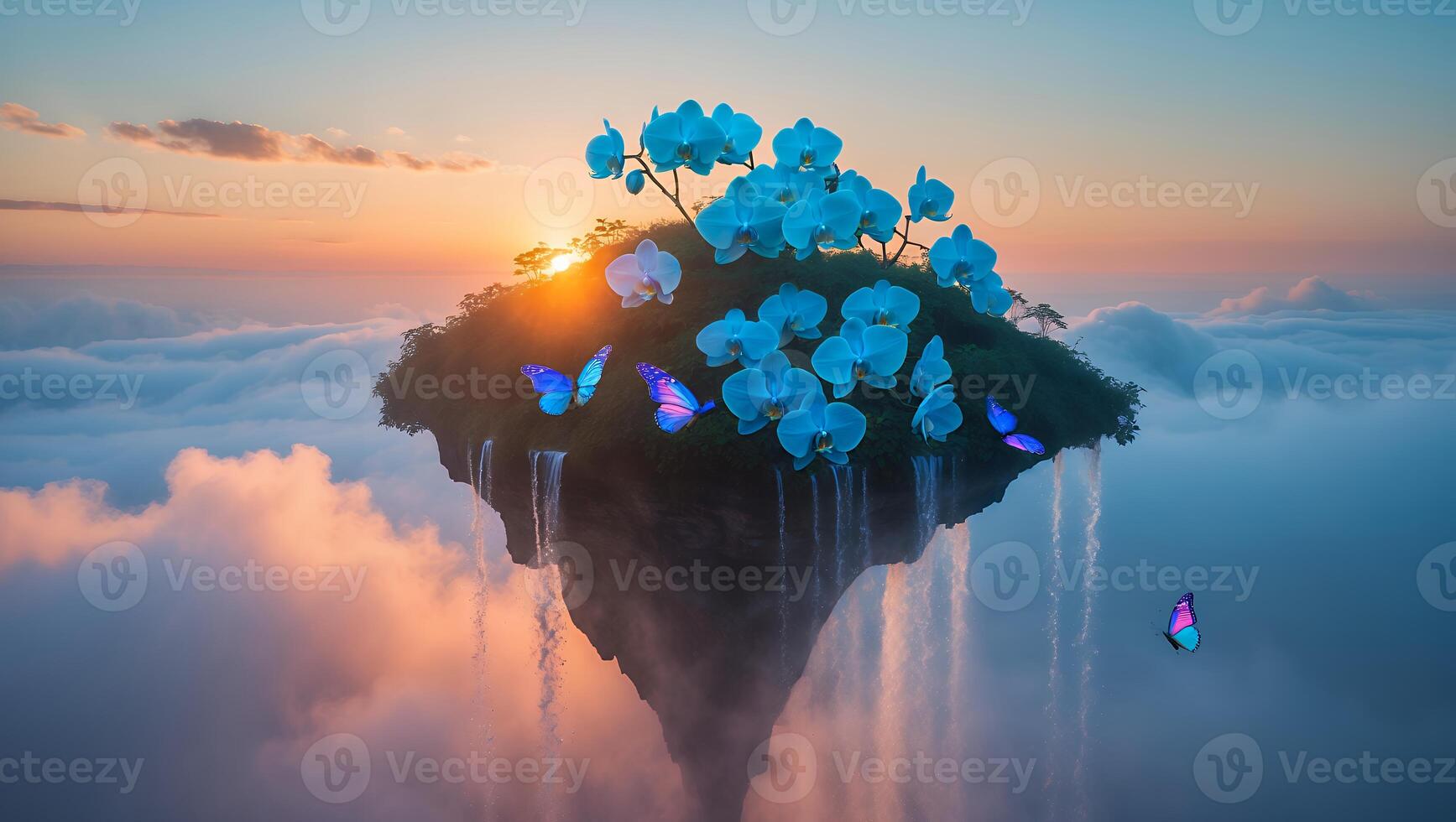 Floating Island with Waterfalls Orchids and Butterflies at Colorful Sunrise photo