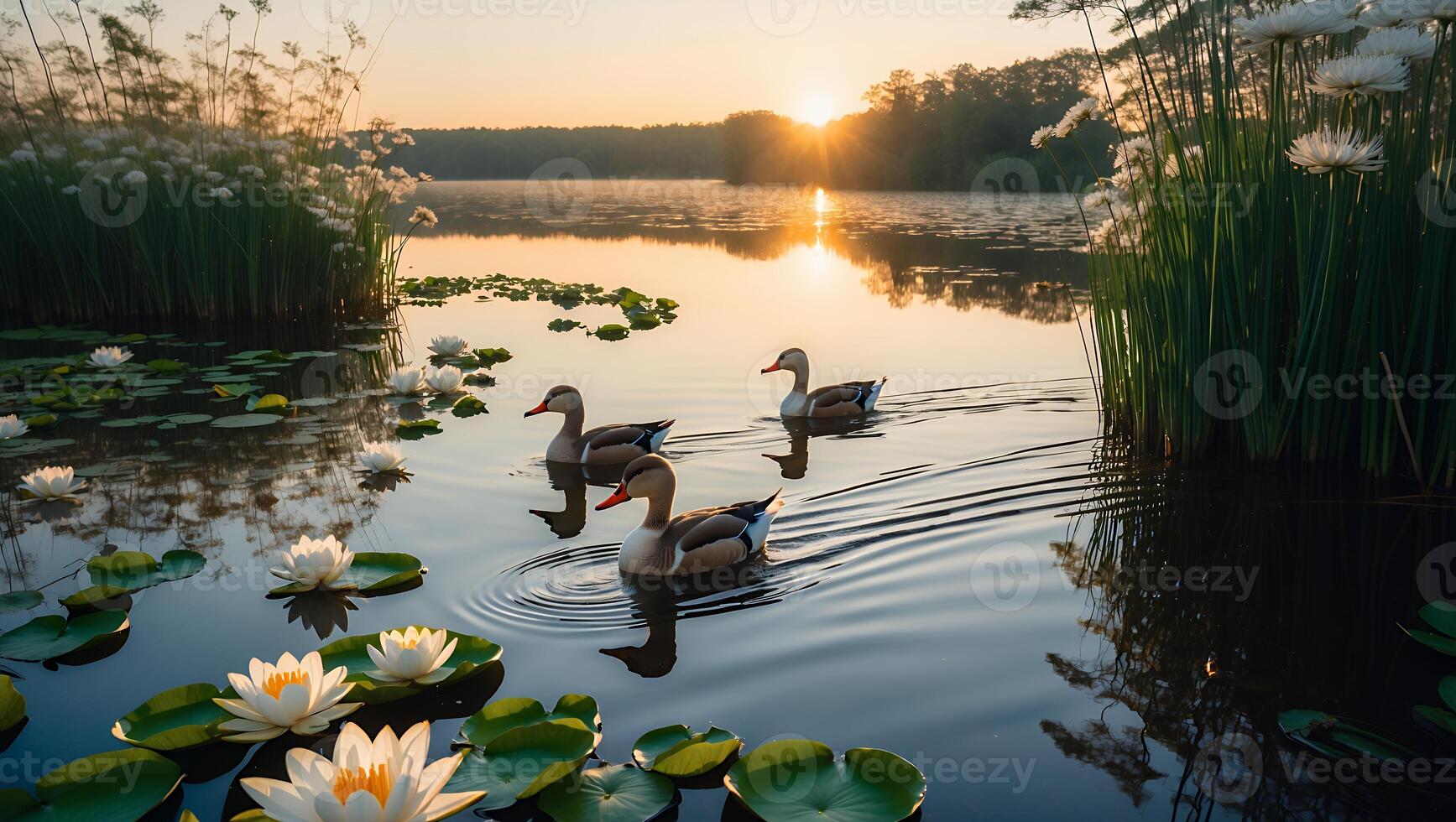 Ducks Swimming in a Serene Lake with Lily Pads at Sunrise photo