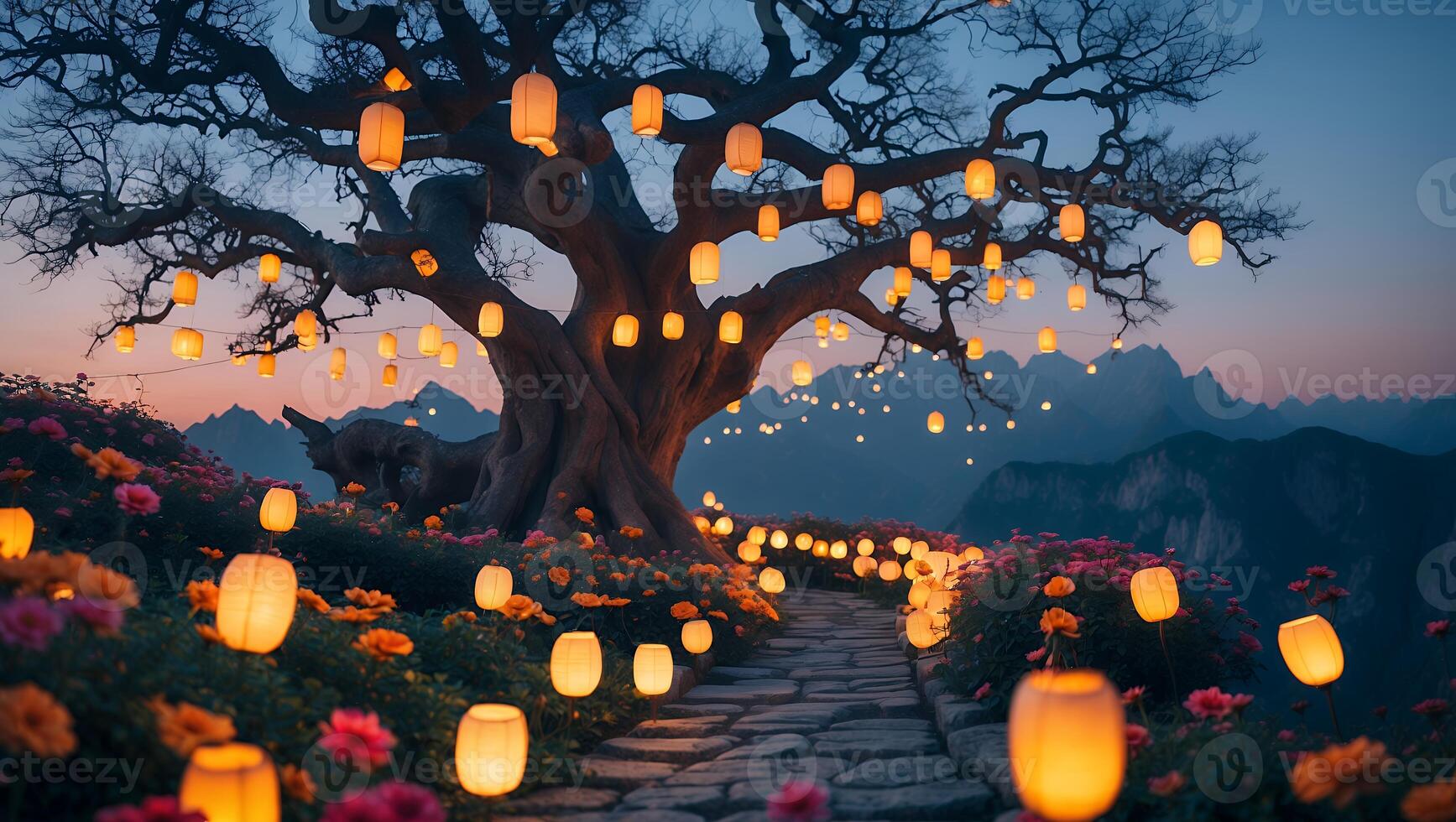 Illuminated Tree and Stone Path with Lanterns in Magical Garden photo