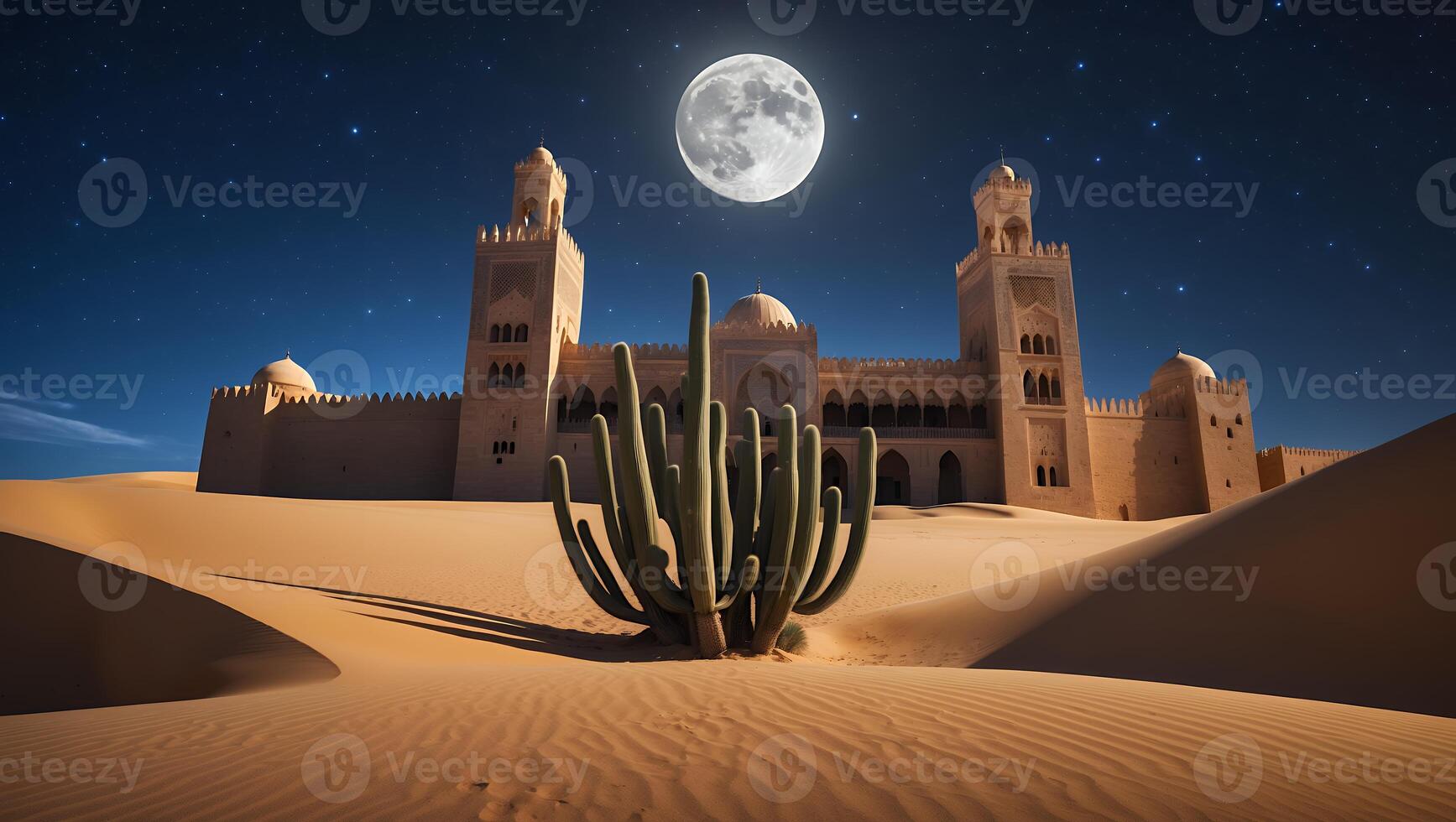 Desert Oasis with Ancient Building and Cactus Under Moonlight photo