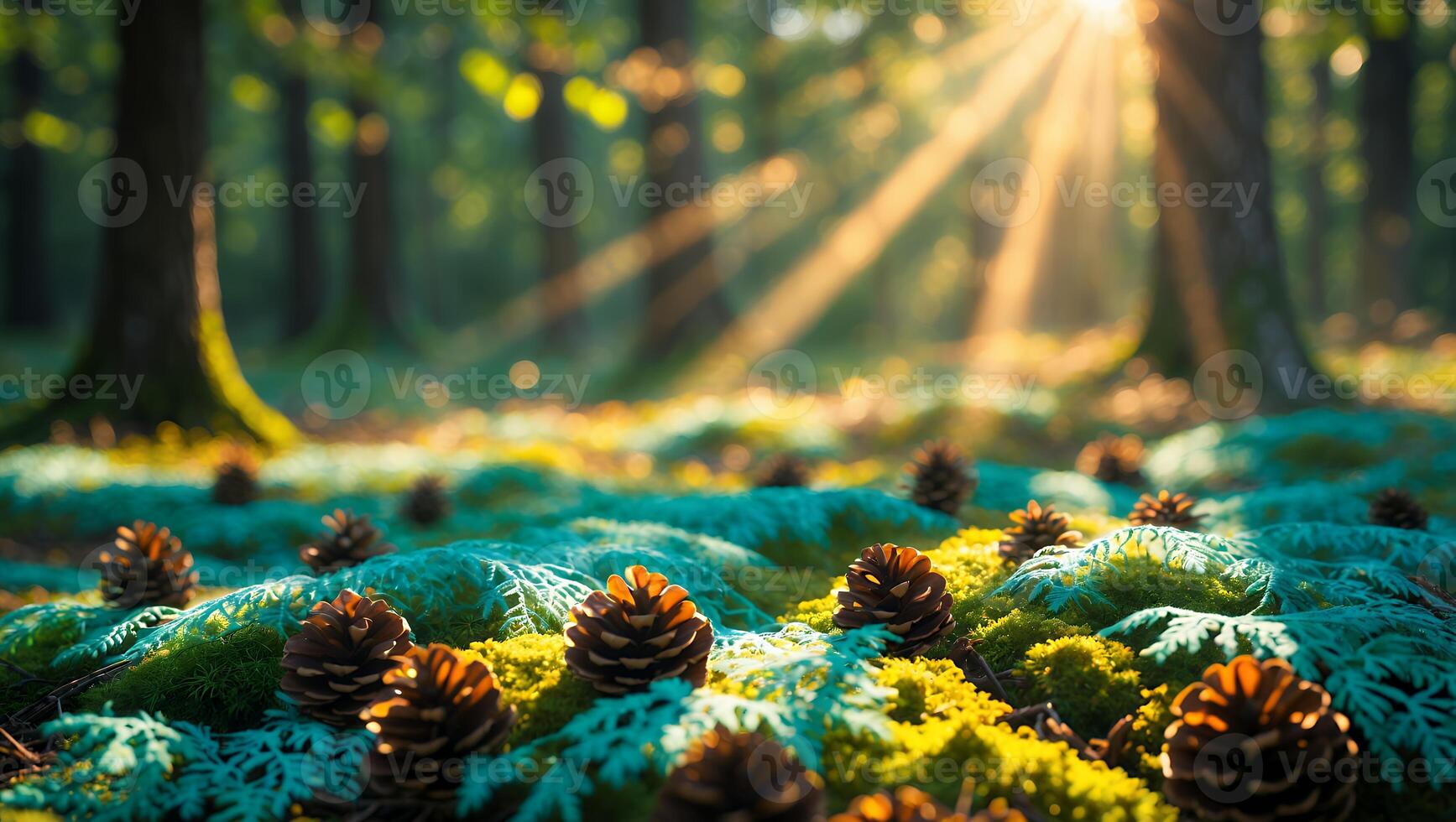 Pine Cones on Forest Floor with Sun Rays Through Trees photo