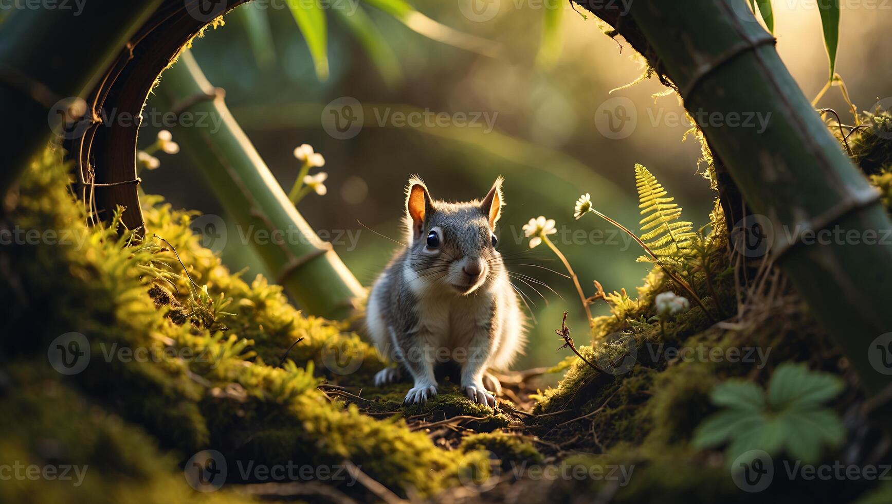 Squirrel Sitting on Mossy Ground Surrounded by Bamboo in Forest photo