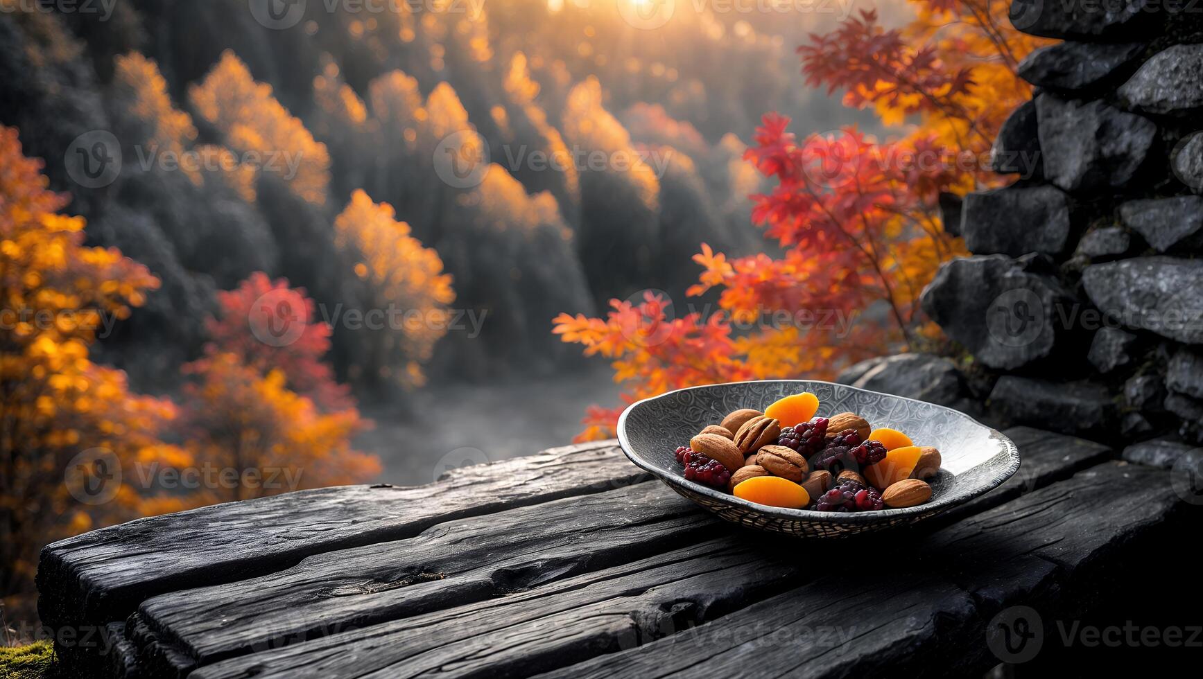 Dried Fruit and Nut Mix on Rustic Table with Autumnal View photo