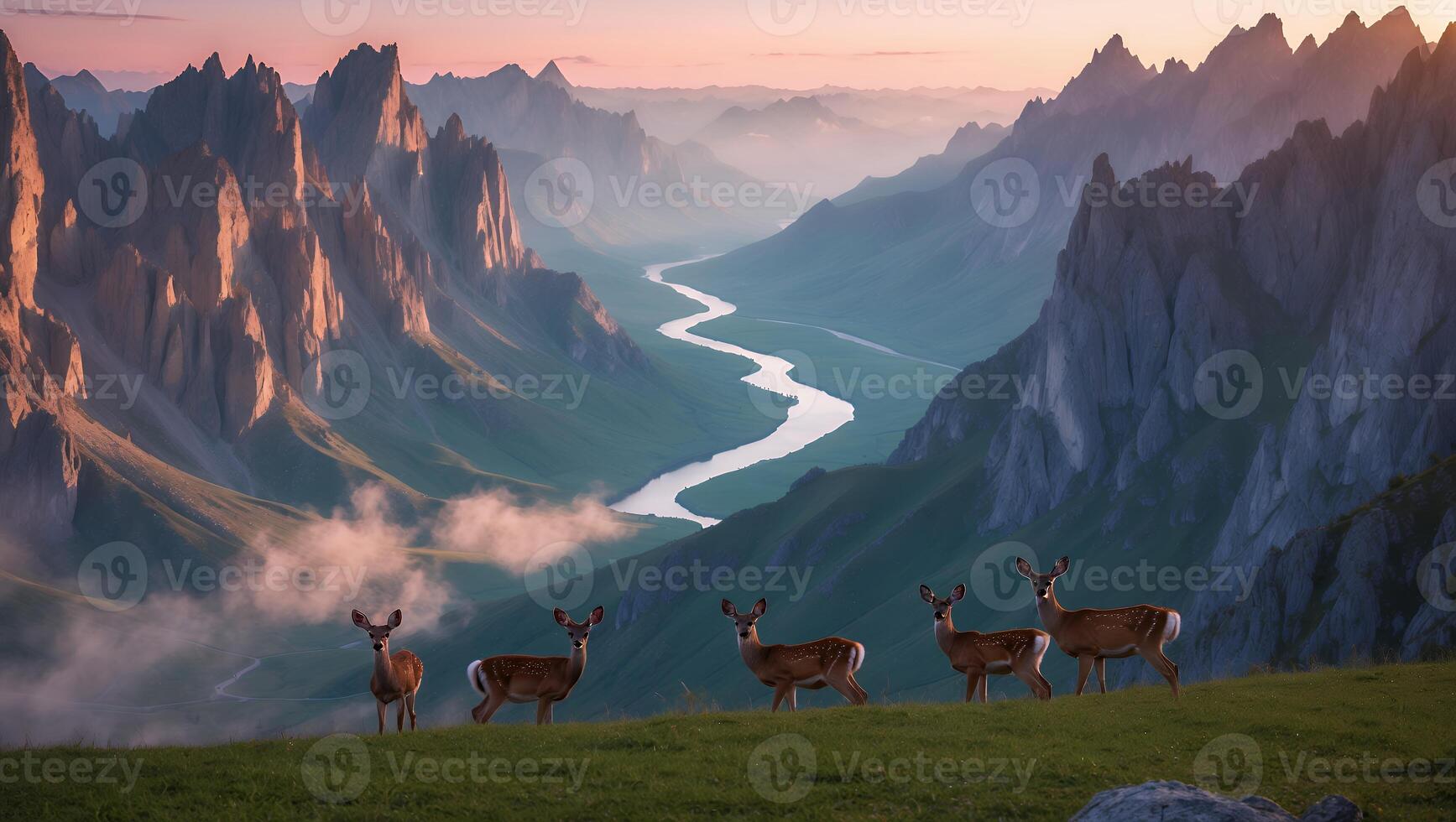 Deer Herd Grazing in Mountain Valley Landscape with Winding River photo