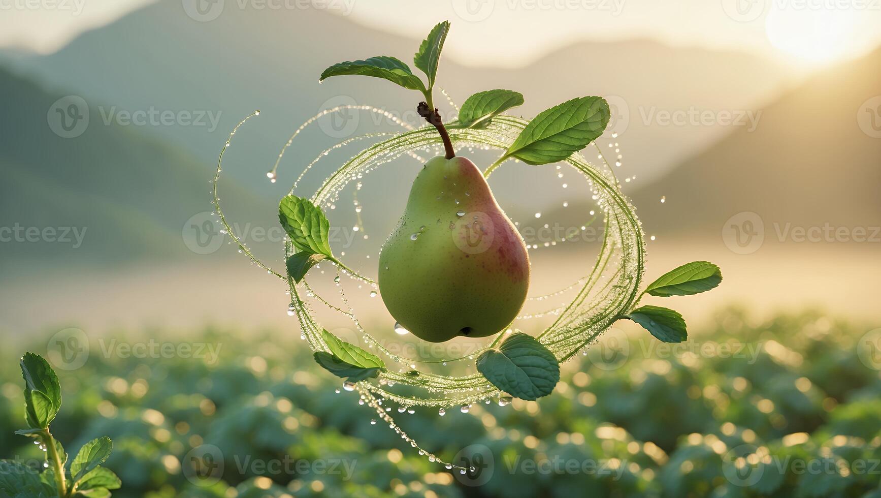 Floating Pear with Leaves and Water Droplets in Misty Field photo