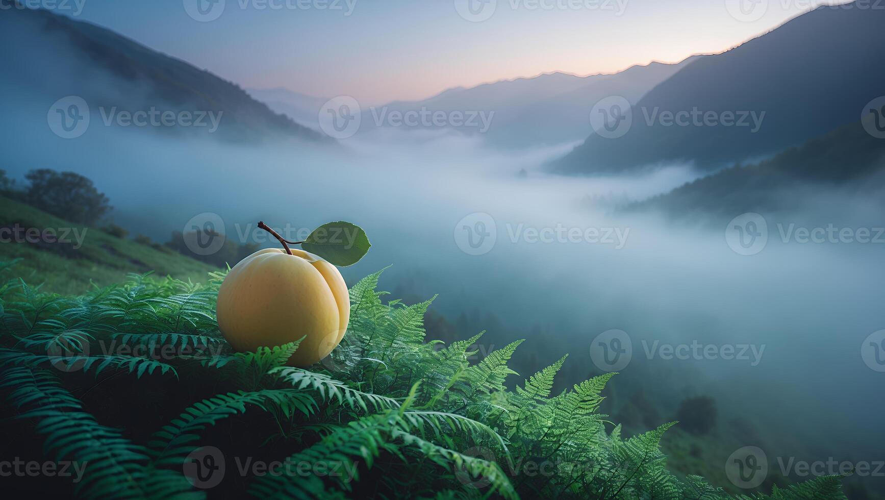 Fruit Resting on Ferns Overlooks a Valley Filled with Morning Mist photo