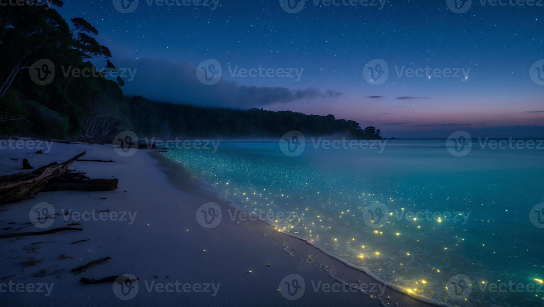 Glowing Bioluminescent Waves on Beach at Night with Starry Sky photo
