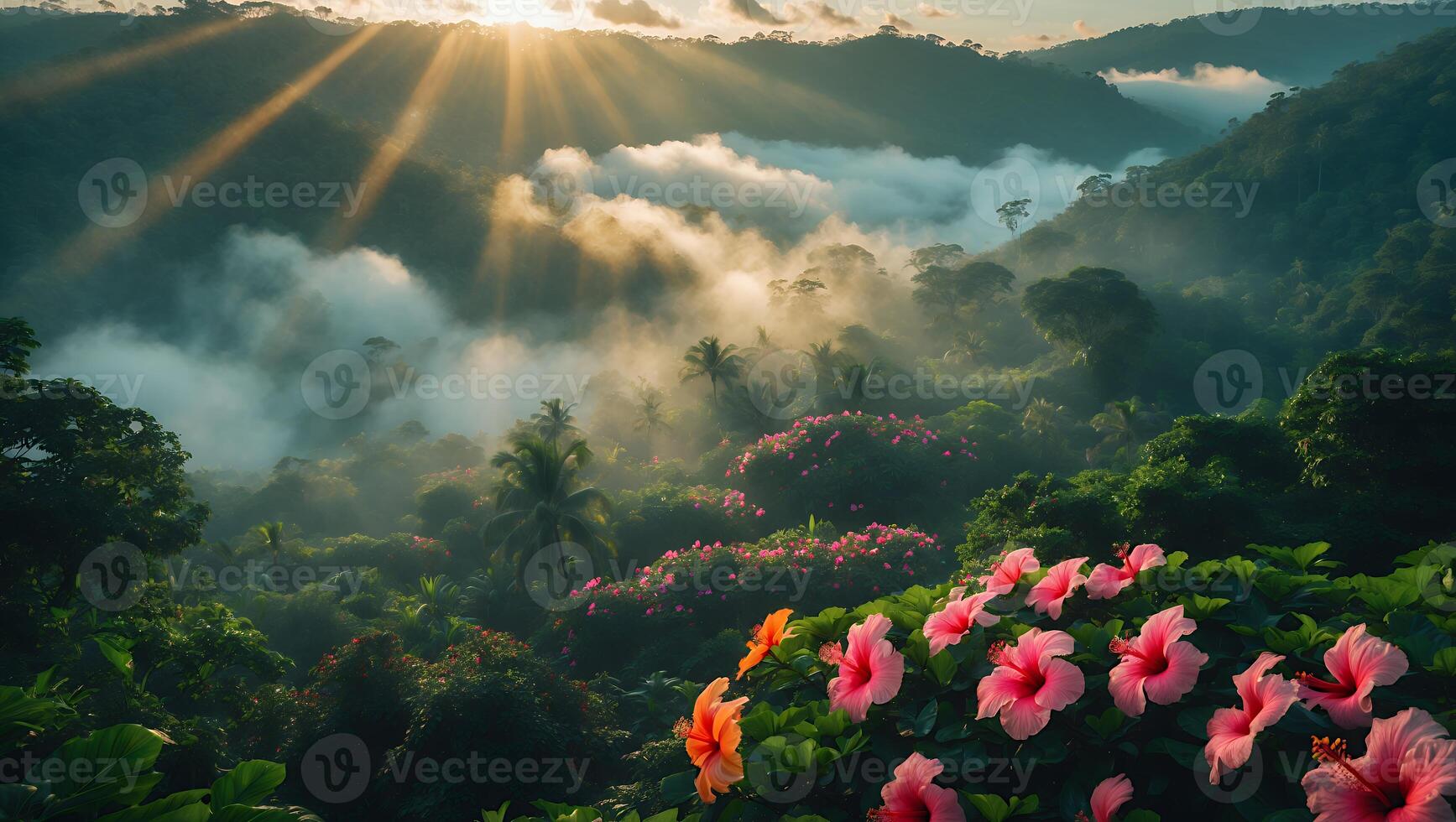 Tropical Hibiscus Flowers with Lush Forest and Misty Mountain Landscape photo