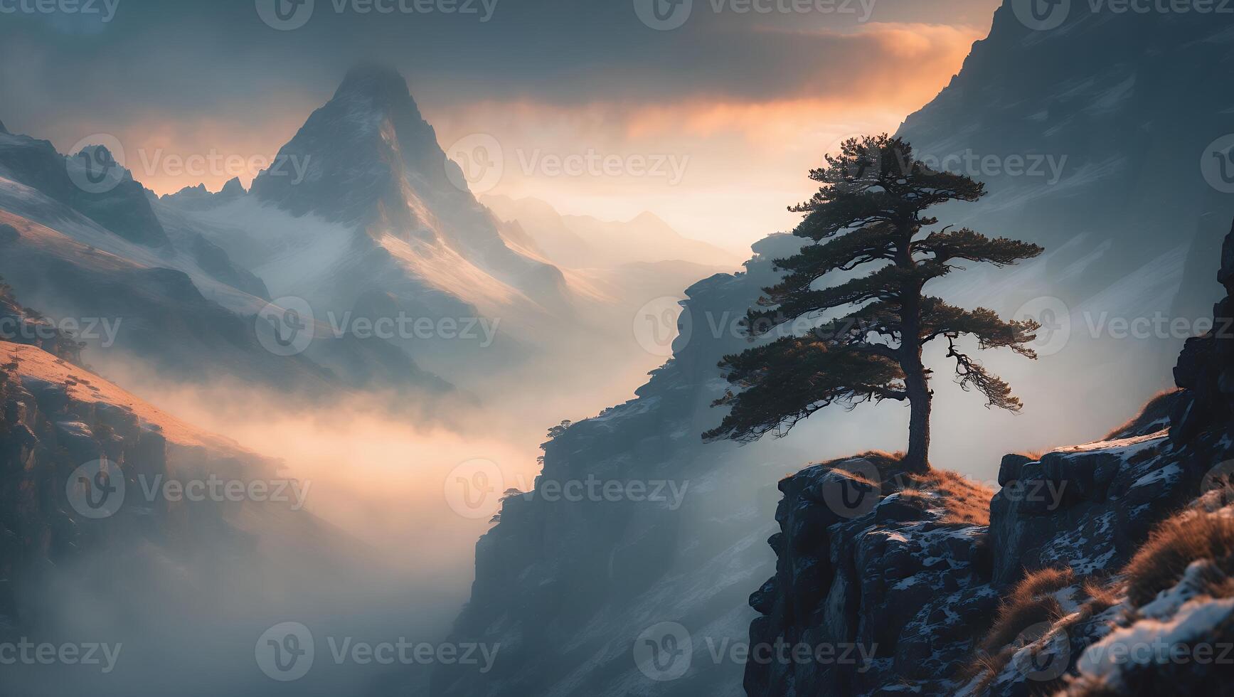 Solitary Pine Tree on Cliff Overlooking Misty Mountain Range at Dusk photo