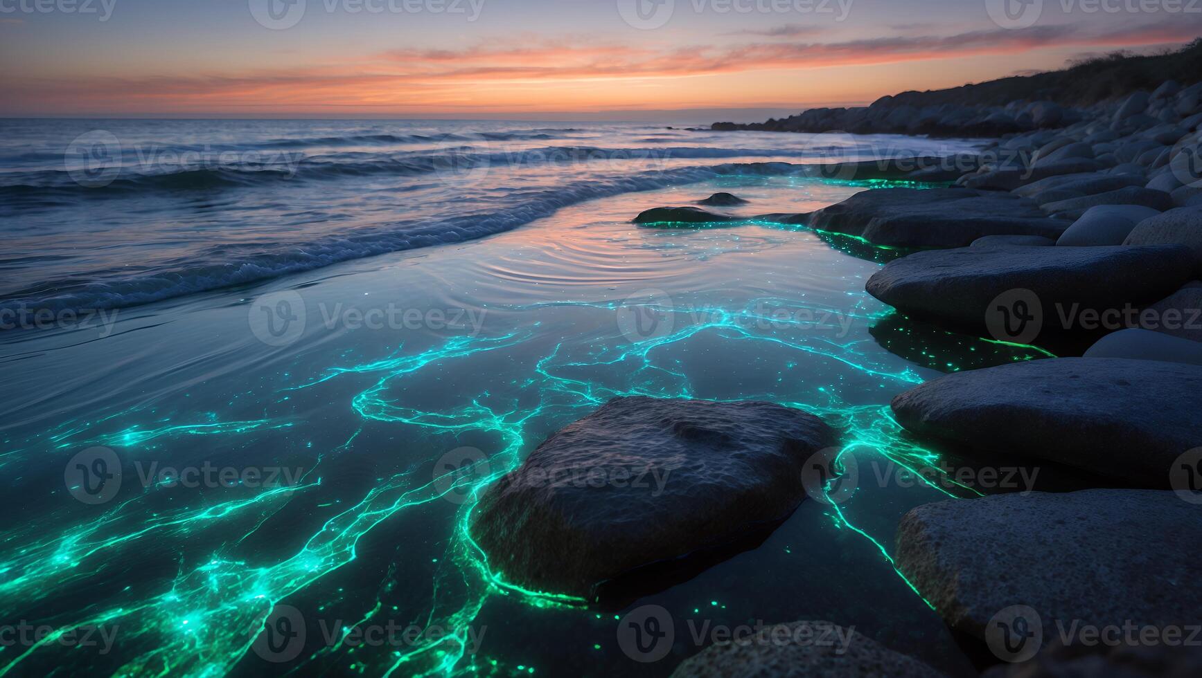 Glowing Beach Waves Lapping Shore with Stones at Colorful Sunset photo