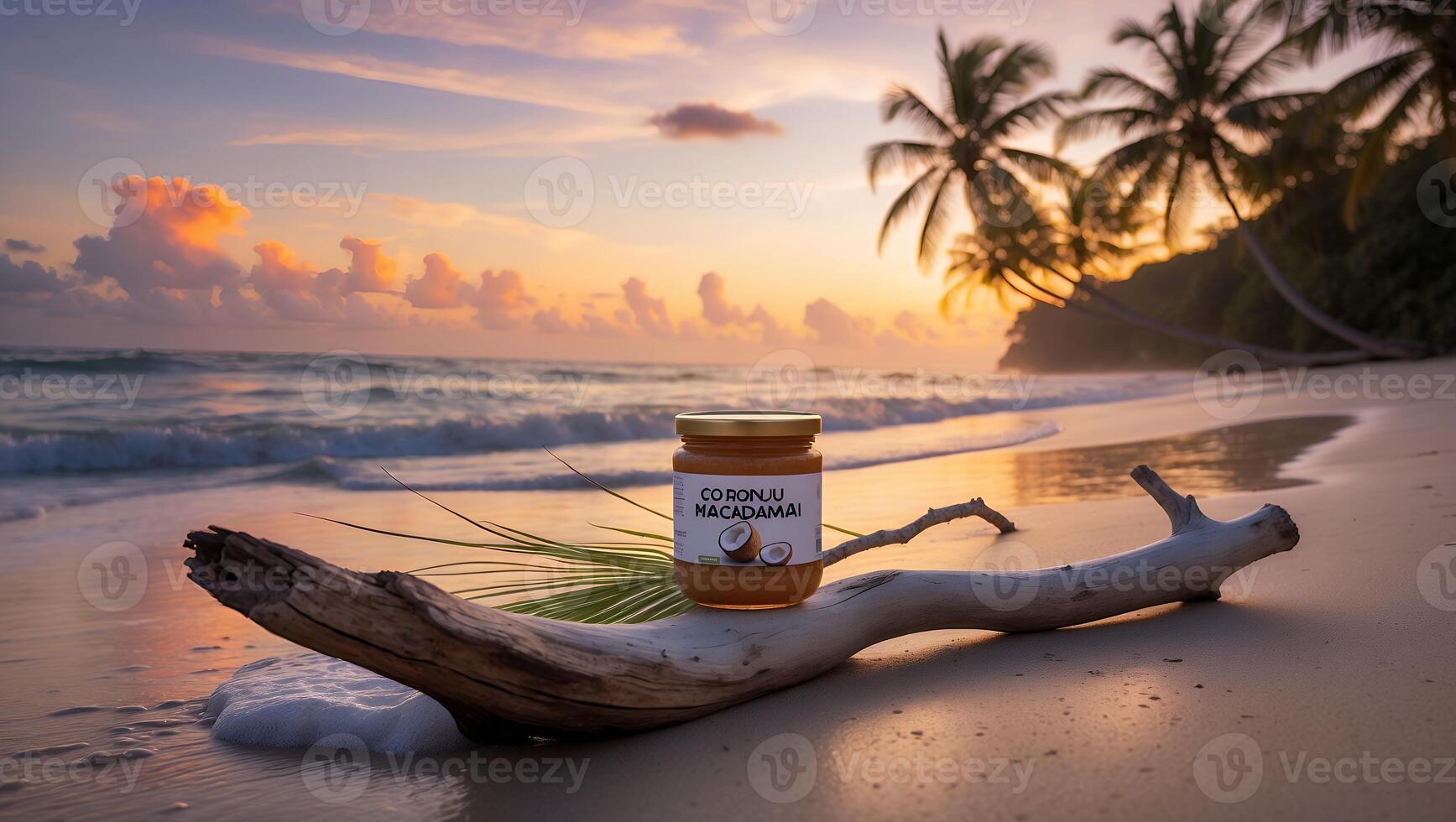 Jar on Driftwood at Beach at Sunset with Ocean View photo
