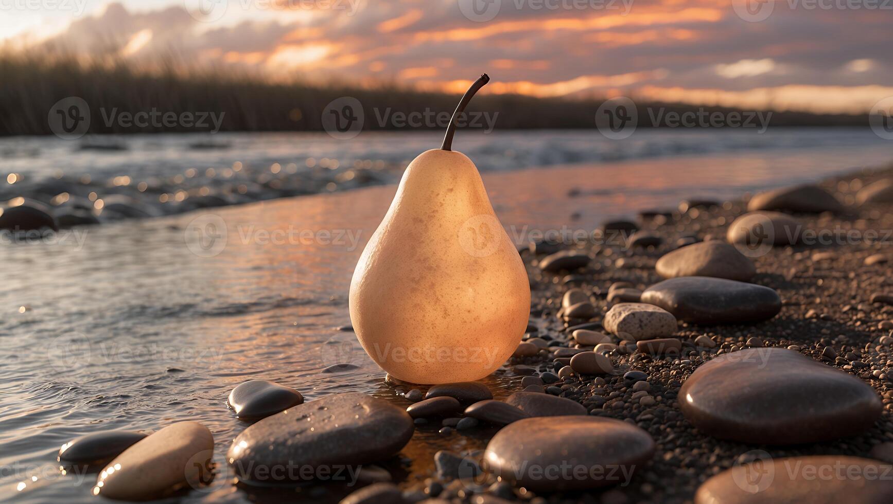 Pear Standing on Stony Shore at Sunset Reflecting Golden Light photo