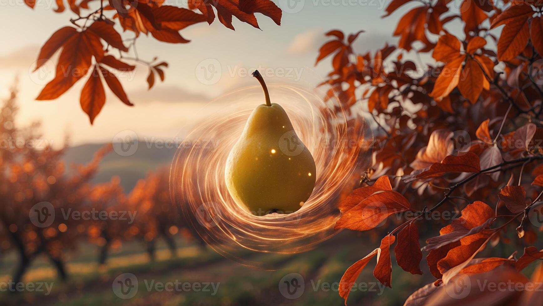 Floating Pear Surrounded by Autumnal Foliage and Magical Energy Field photo