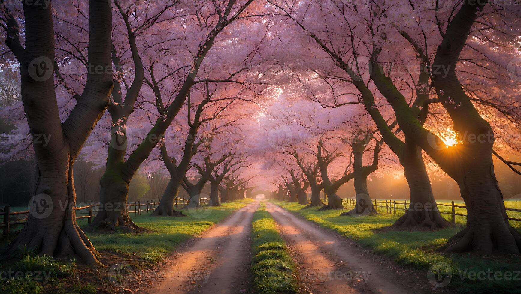 Pathway with Blossoming Trees and Sunlight Creates a Serene Landscape photo