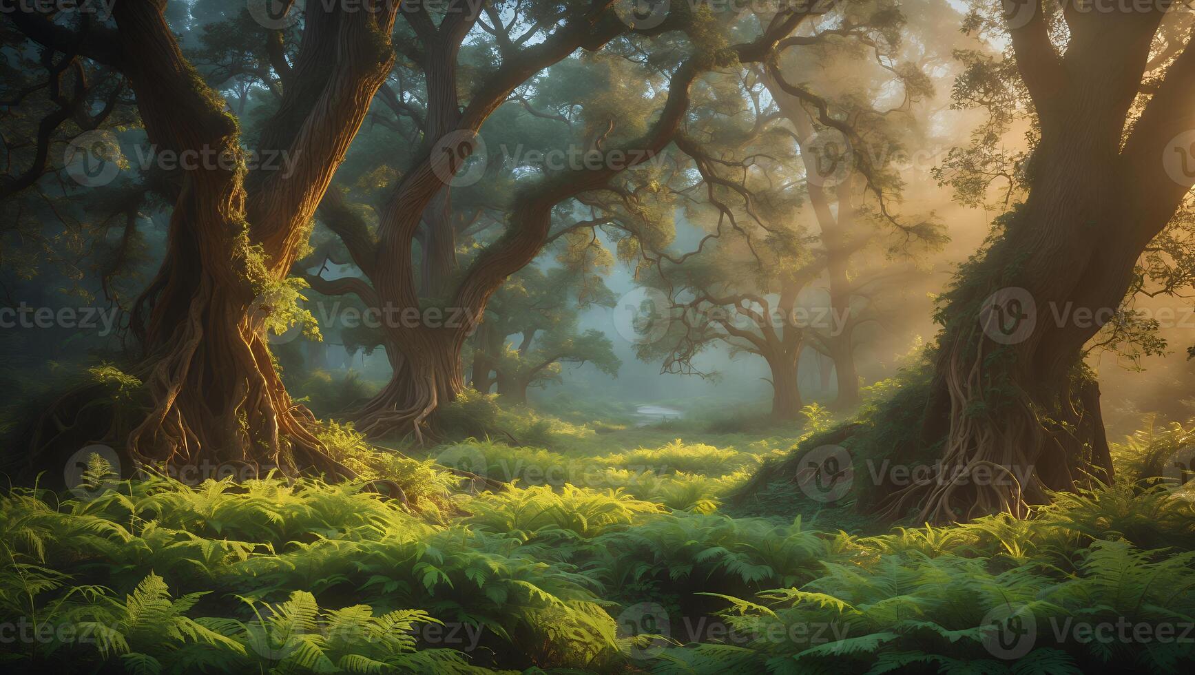 Enchanting Forest Scene with Ferns and Sunlight Streaming Through Trees photo