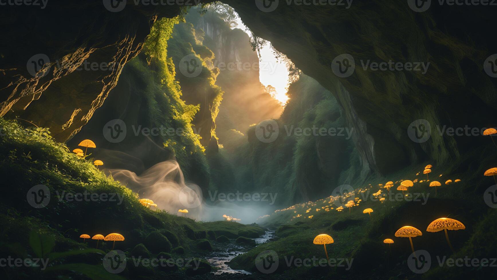 Illuminated Mushrooms Grow in Forest Cave with Fog and Sunlight photo