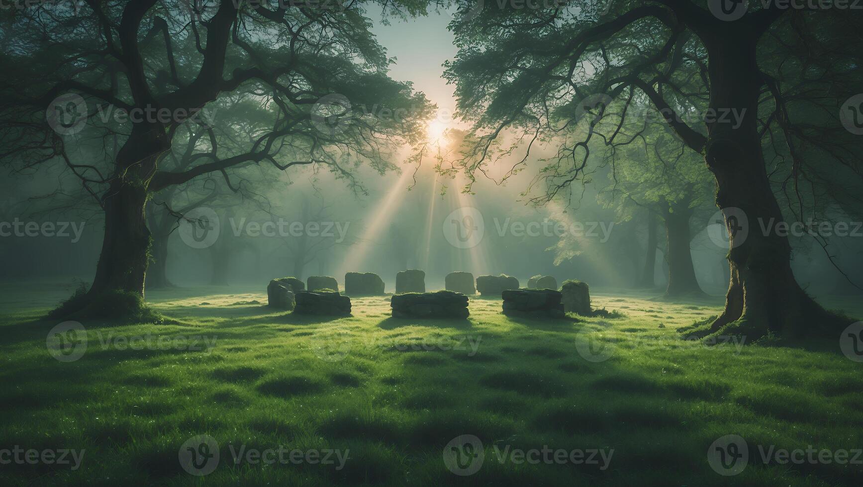 Stone Circle in Forest Meadow with Sunrise and Mystical Light photo