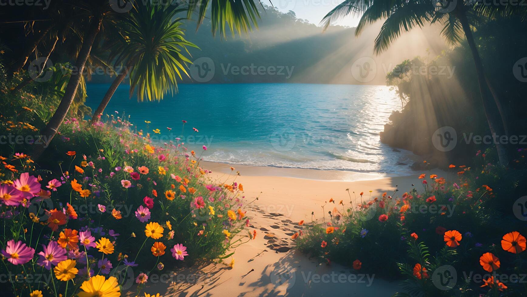 Tropical Beach Scene with Colorful Flowers and Morning Sunlight photo