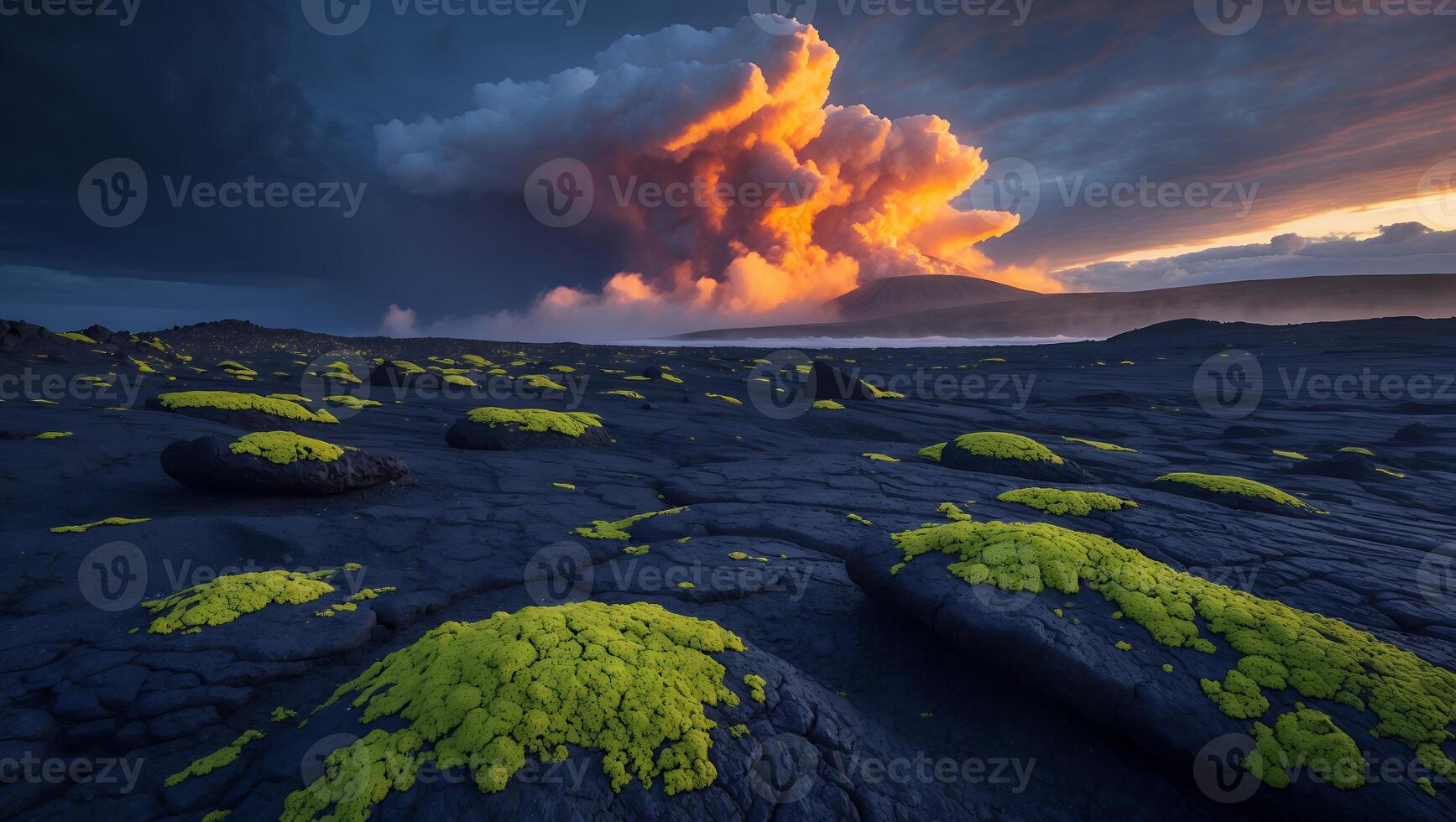 Lava Field Landscape with Green Moss and Dramatic Clouds at Sunset photo
