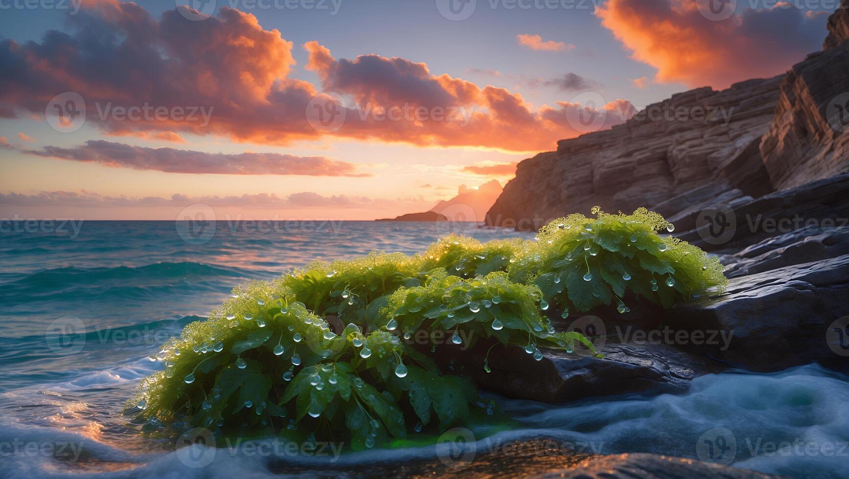 Coastal Plants with Water Droplets at Sunset by the Ocean photo