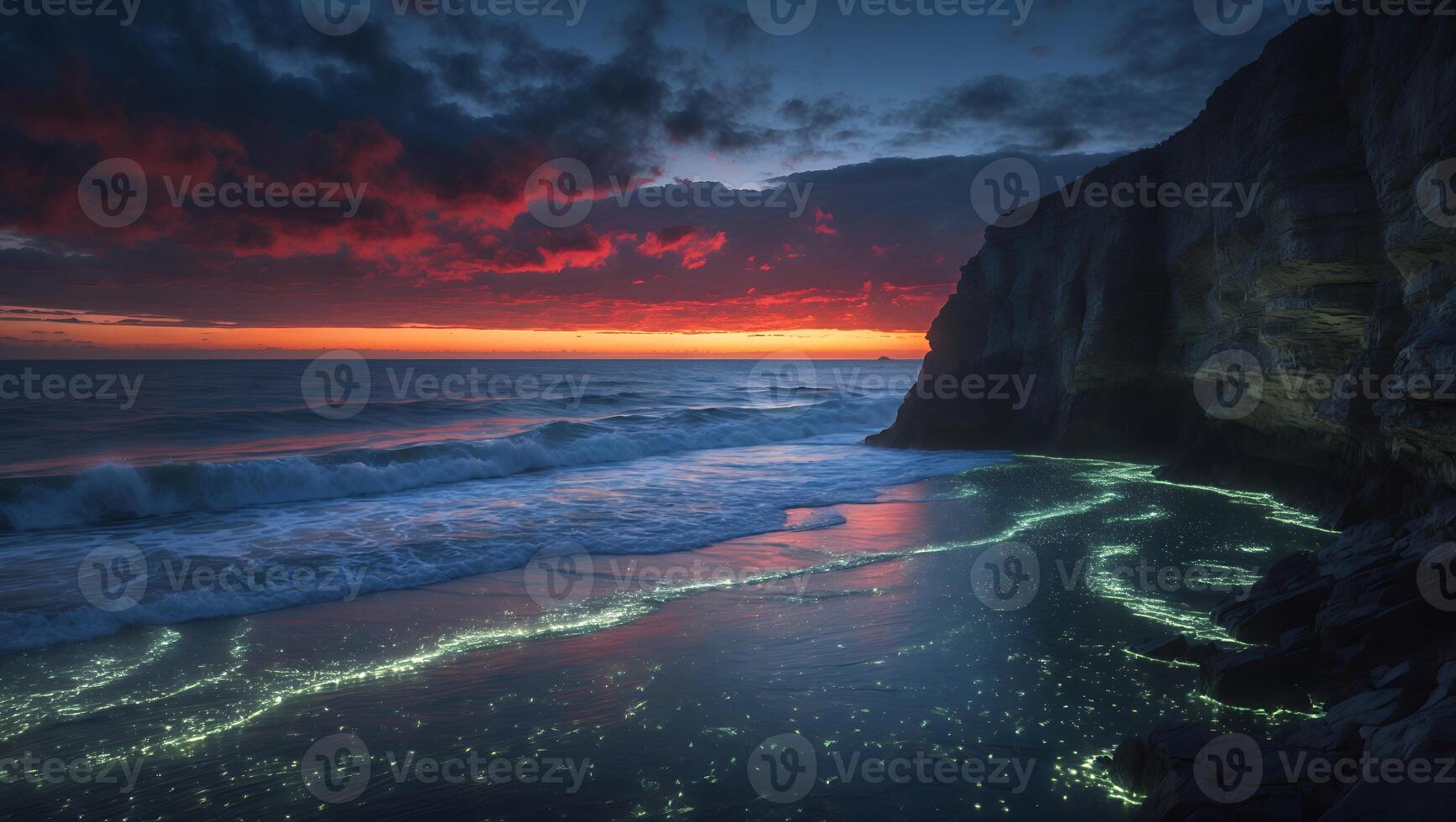 Ocean Waves at Sunset Glowing with Bioluminescence Near Rocky Cliff photo