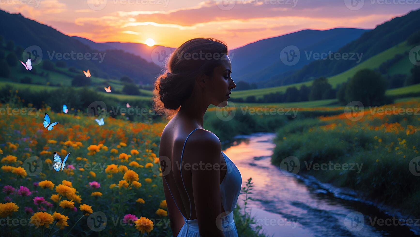 Woman Contemplating Nature by Flowing Stream at Sunset with Butterflies photo