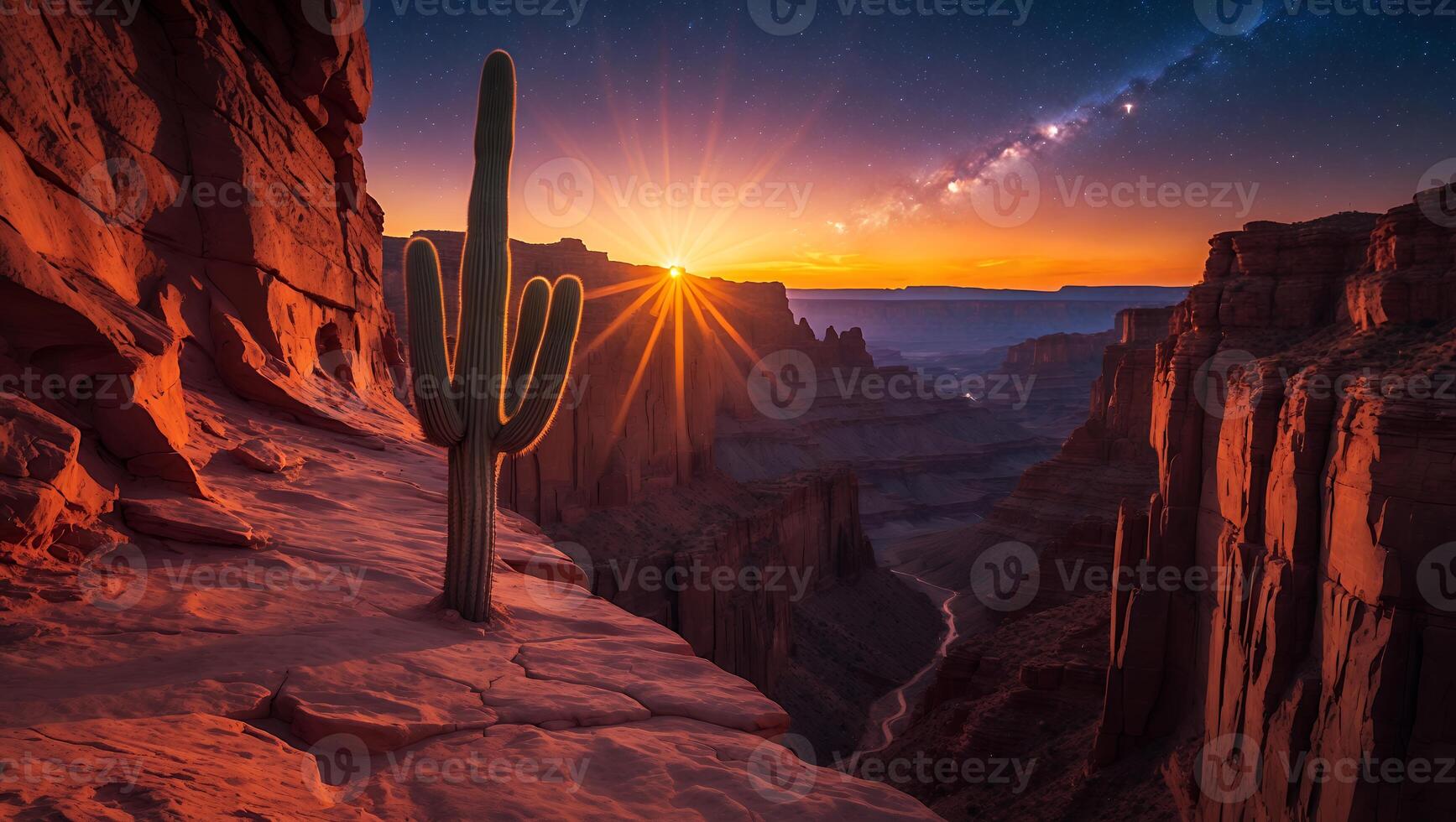 Scenic Desert Canyon Landscape with Cactus and Sunset Starburst View photo