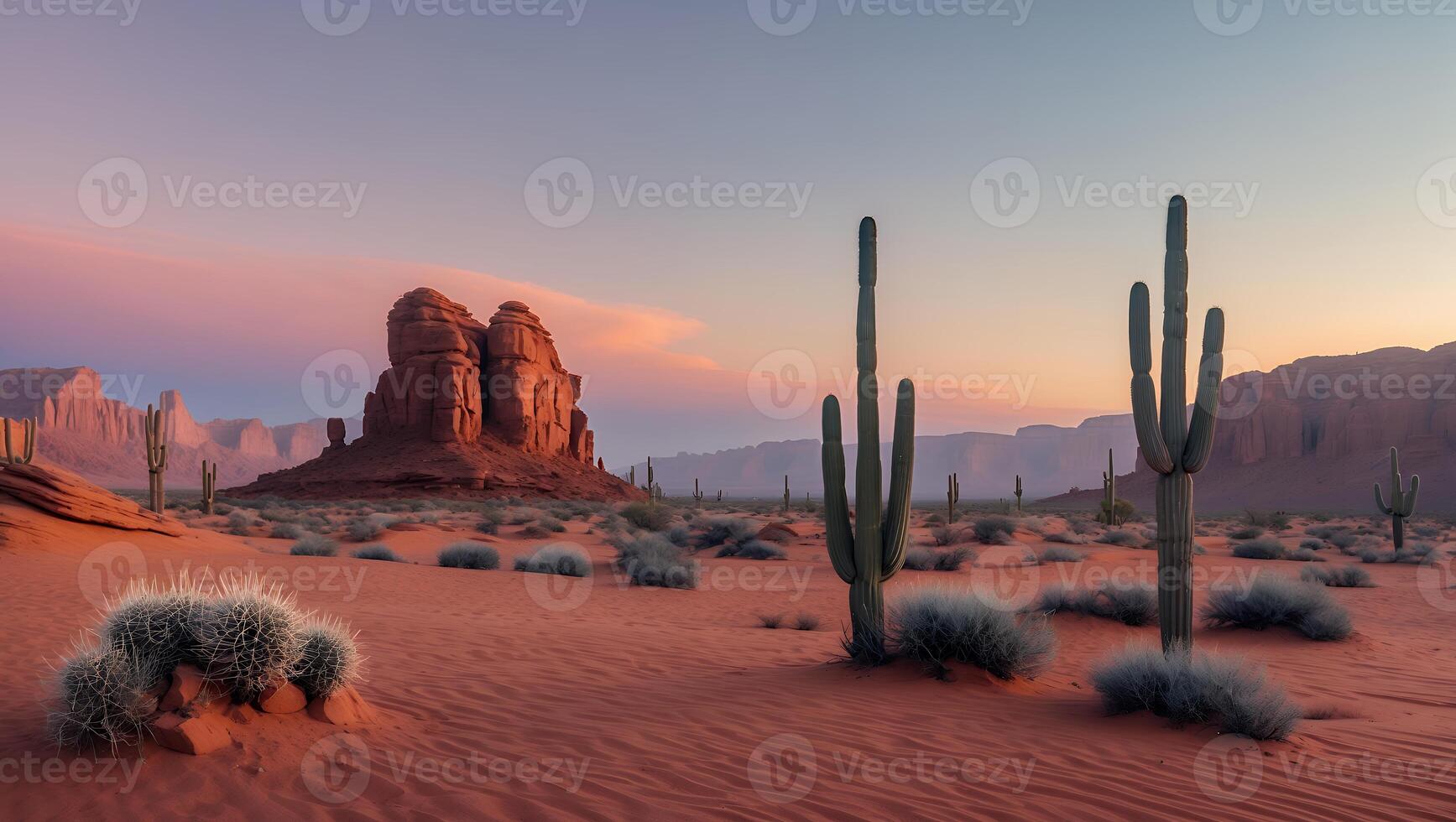 Desert Landscape with Cacti and Red Rock Formations at Sunset photo