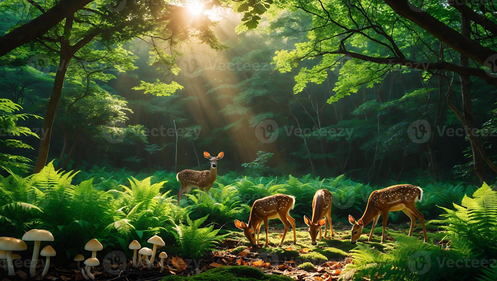Deer Grazing in Forest Meadow with Sunlight Streaming Through Trees photo