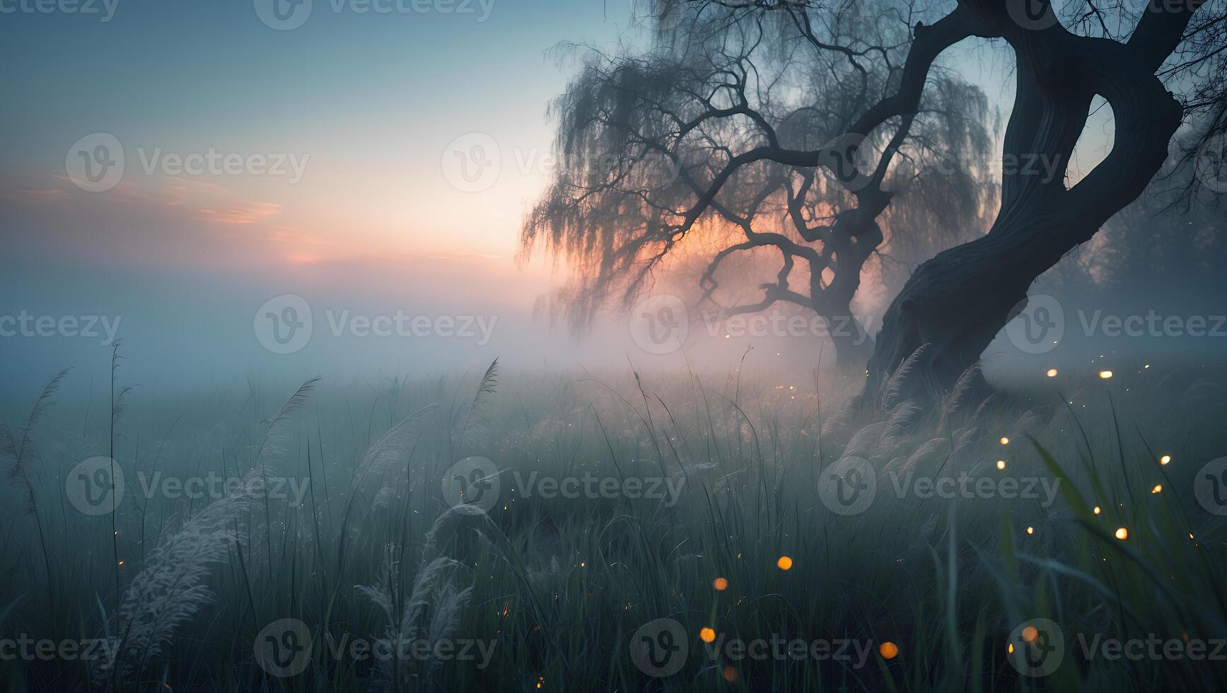 Tree in Foggy Meadow at Dusk with Gentle Light and Grass photo