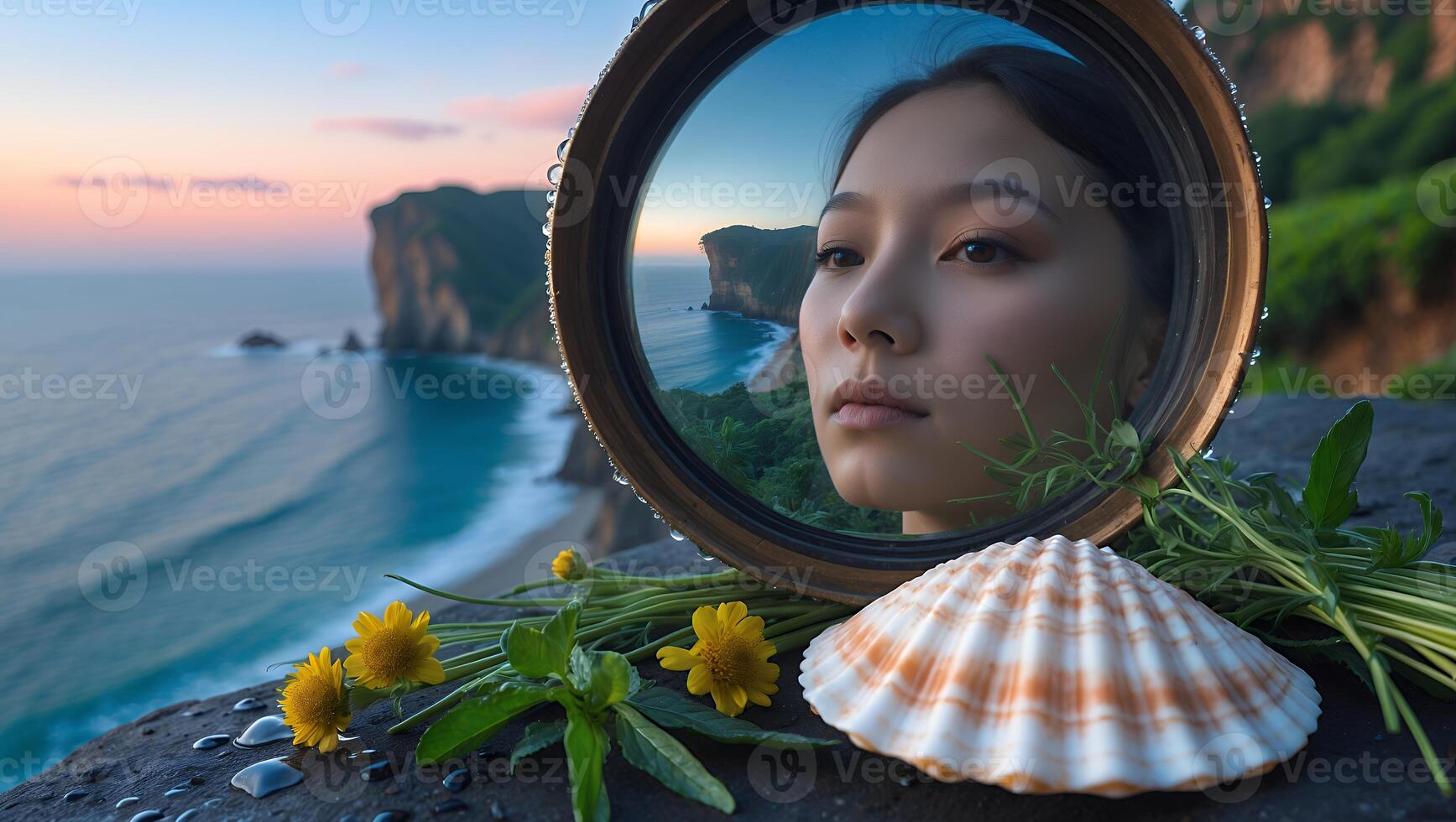 Woman's Reflection in Mirror with Coastal Scenery and Seaside Elements photo