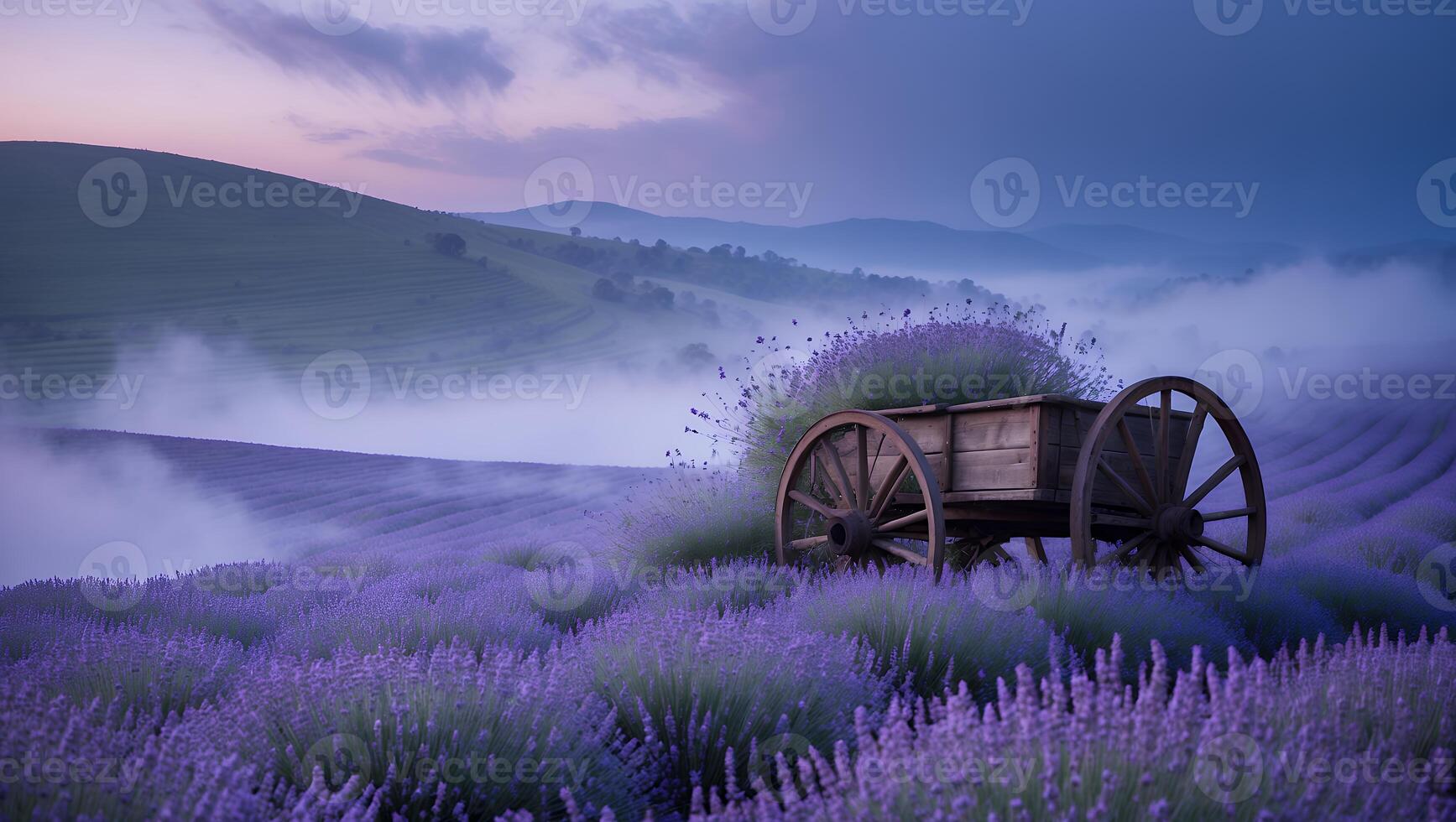 Lavender Field with Fog and Old Cart at Dusk Serene Landscape photo