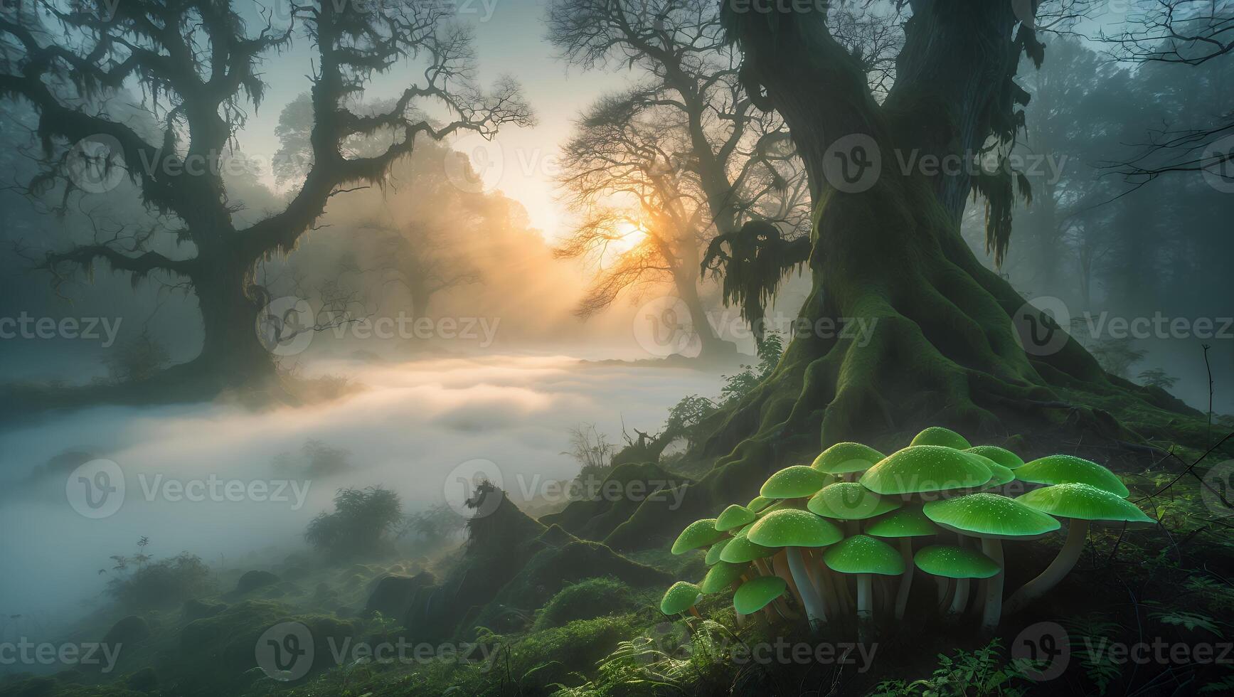Mystical Forest Scene with Fog, Glowing Mushrooms, and Ancient Trees photo